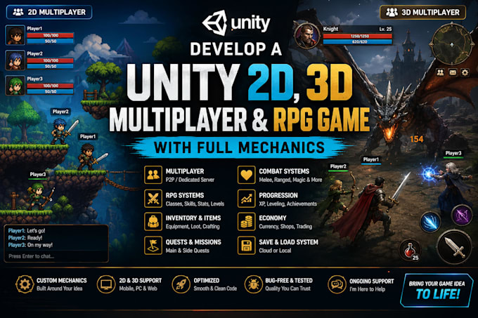 develop a unity 2d, 3d multiplayer and rpg game with full mechanics