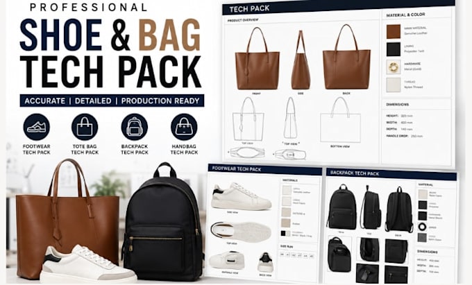 create shoe and bag tech pack, footwear, tote bag, backpack, handbag tech pack