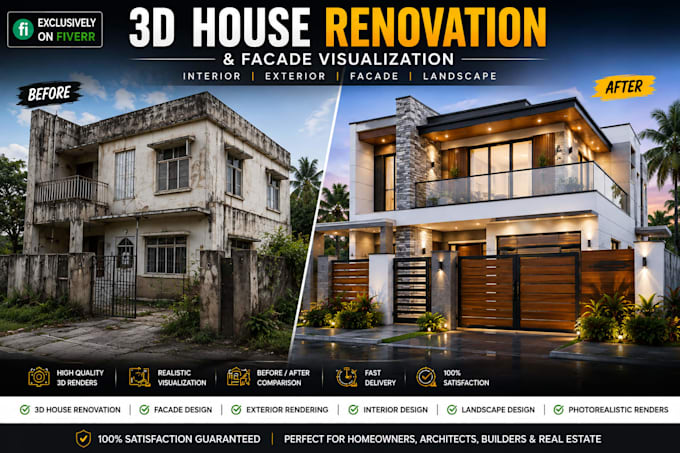 design 3d house renovation, facade visualization 3d interior and exterior design