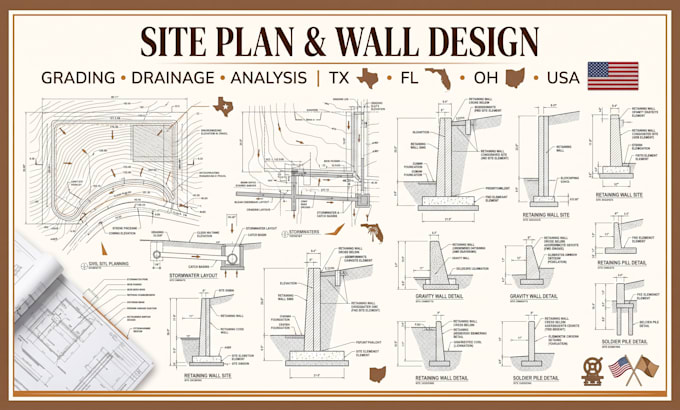 site plan wall design and analysis grading drainage plan in texas florida ohio