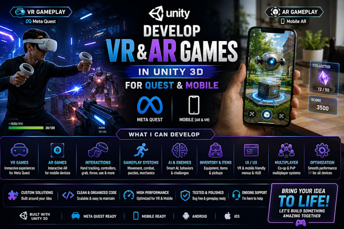 develop VR and ar games in unity 3d for quest and mobile
