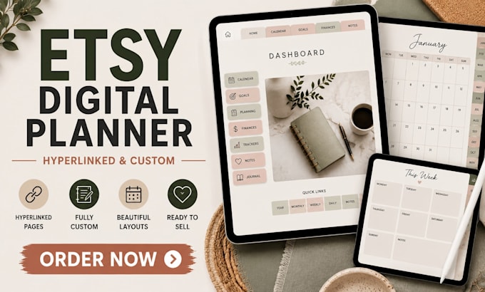 design etsy digital planner, hyperlinked planner and digital journal