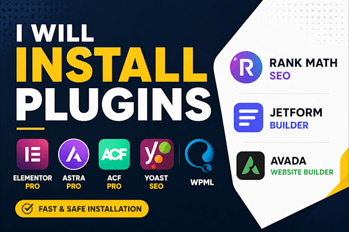 install elementor pro, astra pro, acf pro, yoast, wpml, rank math, jetform,avada