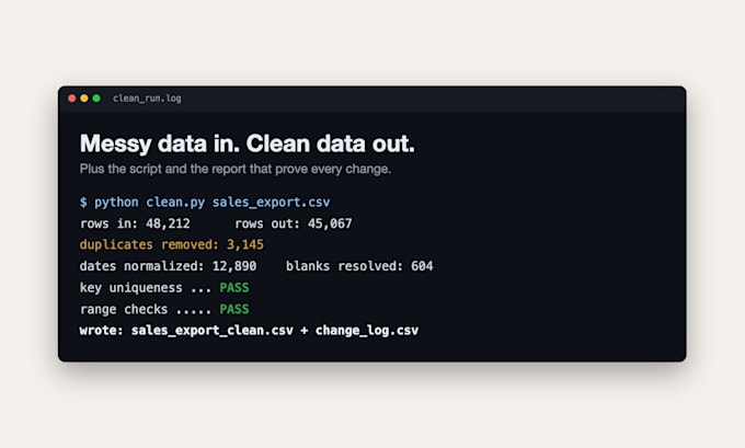 clean your messy data and deliver a script that proves every change