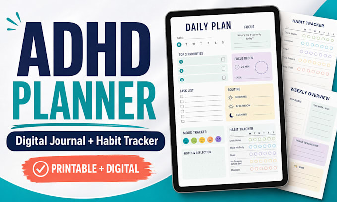 design adhd planner, digital journal and habit tracker