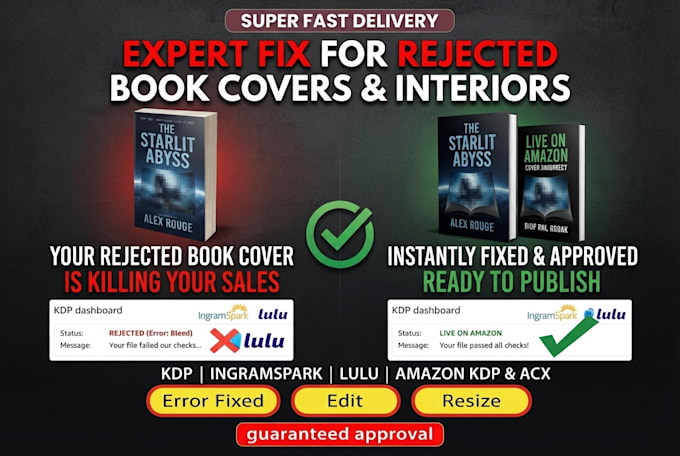 fix format, resize book cover, resolve amazon KDP, ingramspark errors and design