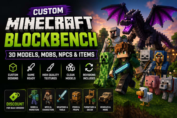 custom minecraft blockbench 3d models, mobs, npcs, items, weapons and textures