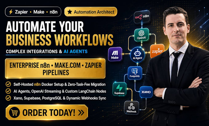 build n8n automation, zapier expert, make com developer, ai workflows