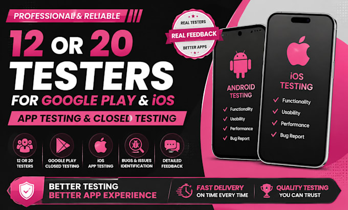 provide 12 or 20 testers for google play closed testing and ios app testing