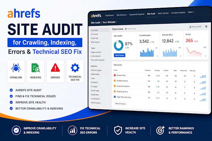 perform ahrefs site audit for crawling, indexing, errors and technical SEO fix