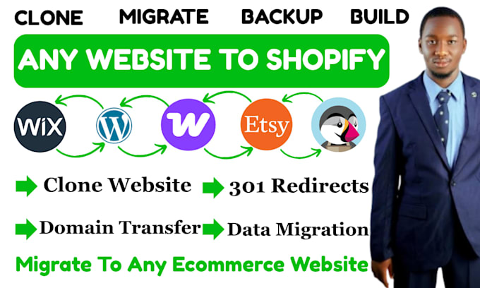 migrate wordpress to odoo wix woocommerce ecwid godaddy to shopify clone website
