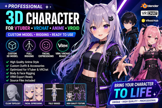 create 3d character for 3d vtuber, vrchat, rigging, 3d model, anime and 3d vroid