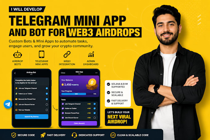 develop a telegram mini app and bot for web3 crypto airdrops