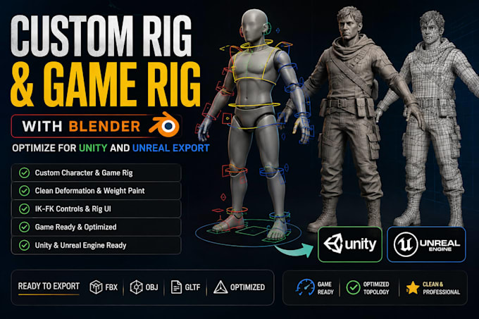 do custom rig and game rig with blender optimize for unity and unreal export