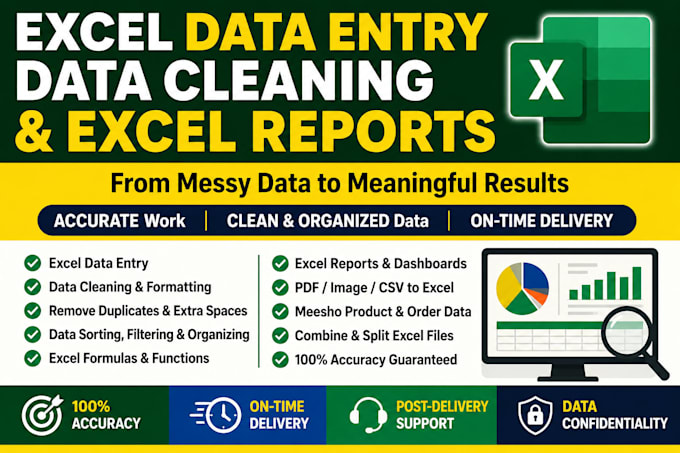 do excel data entry, data cleaning, excel reports and meesho data