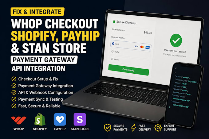 fix whop checkout shopify payhip and stan store payment gateway API integration