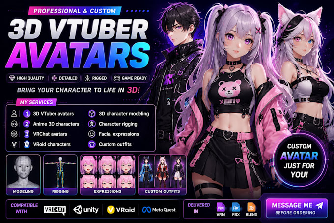 create 3d character for 3d vtuber, vrchat, rigging, 3d model, anime and 3d vroid