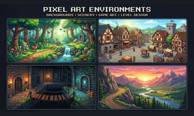 create pixel art background, game map, pixel environment scenery and 2d game art