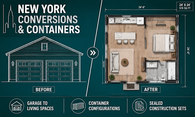 draw new york architectural garage conversion and container home plans