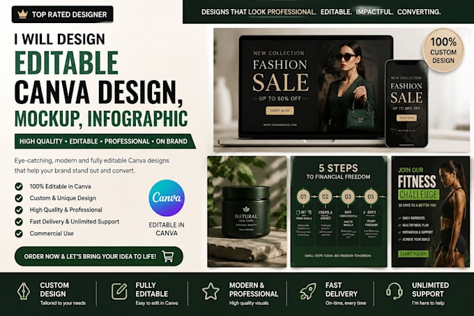 design editable canva templates, mockups and infographics