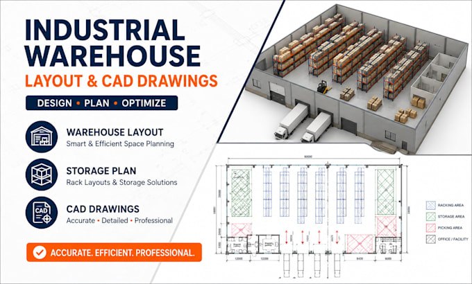 design industrial warehouse layout, storage plan and cad drawings