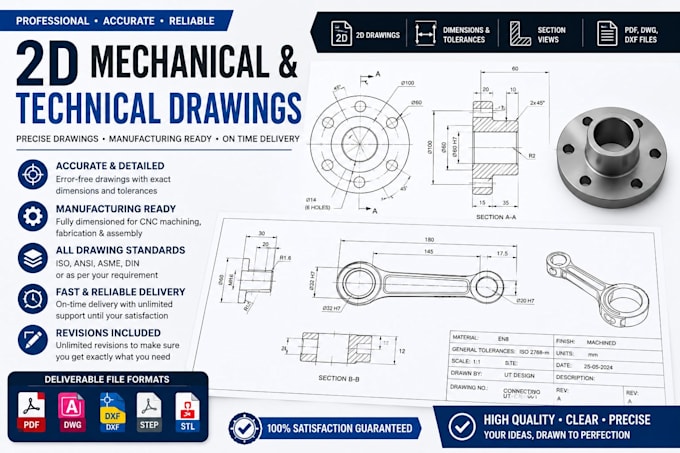 create professional 2d mechanical and technical drawings