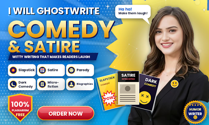 ghostwrite slapstick satire parody dark comedy microfiction biographies