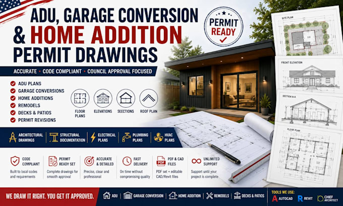 create adu garage conversion and home addition permit drawings