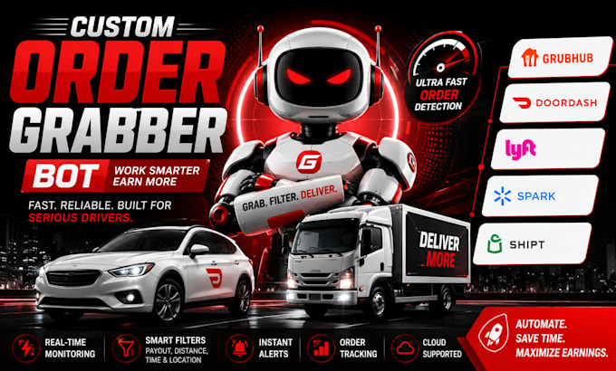 code order grabber bot, grabhub bot, doordash bot, lyft bot, spark bot, shipt