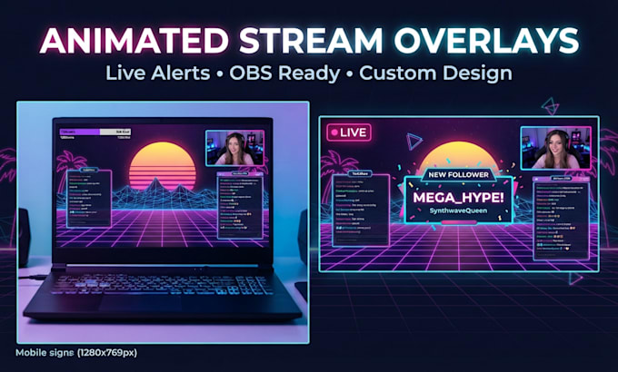 design an animated synthwave stream overlay with live alerts