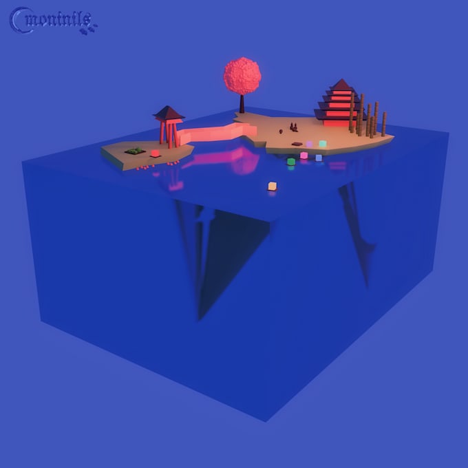 design custom 3d low poly floating island and diorama