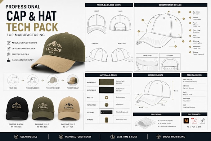 create a profeesional cap and hat tech pack for manufacturing