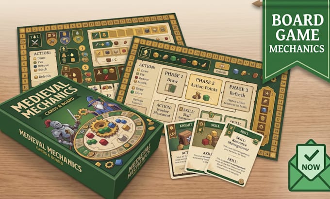 design board game mechanics visual graphics, cards, and box packaging