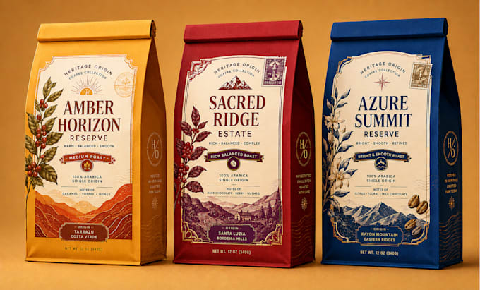 create coffee or tea packaging, coffee bag, pouch, label, mylar bag design