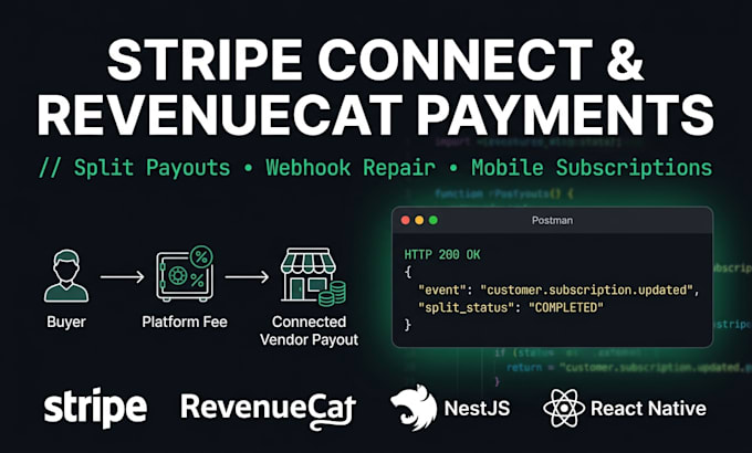 build stripe connect split payments and fix revenuecat webhooks