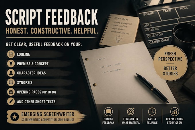 give feedback on your screenplay idea, logline, synopsis, etc