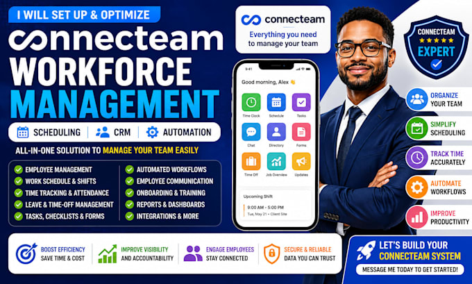 set up connecteam workforce management, scheduling, CRM and automation