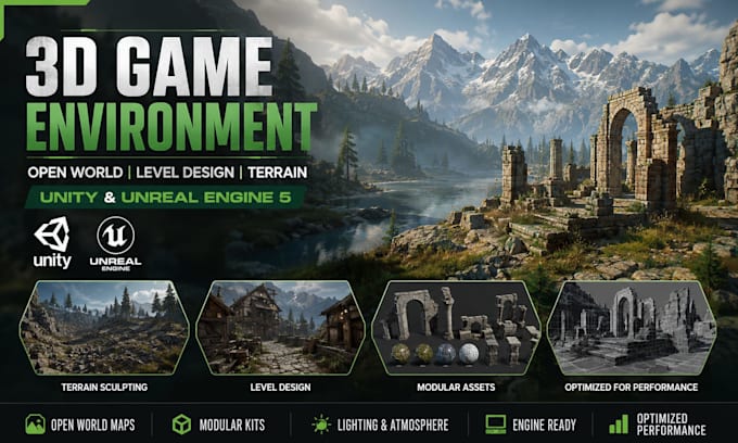 design 3d game environment terrain open world level in unity and unreal engine 5