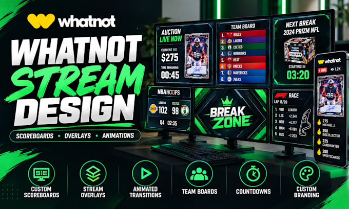 design custom whatnot overlays, scoreboards and animated transitions