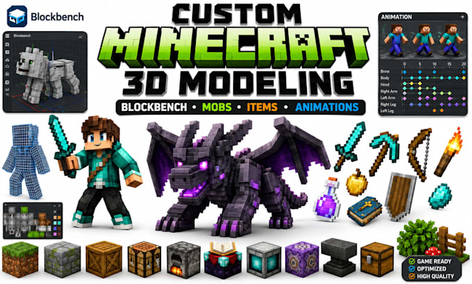 create custom minecraft blockbench 3d models, mobs, items and animations