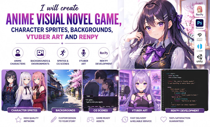 create anime visual novel game character sprites background vtuber art and renpy