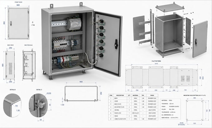 design electrical control panel cad, enclosure and sheet metal drawings