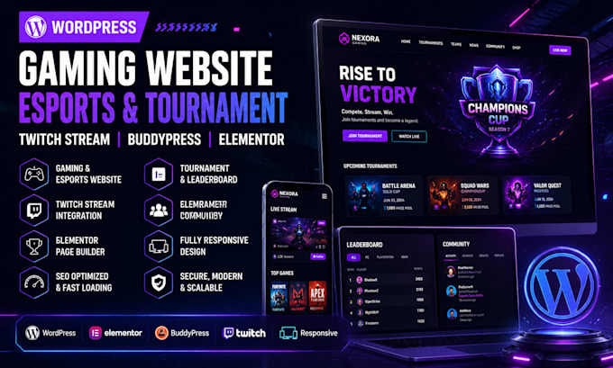 wordpress gaming website esports tournament twitch stream buddypress elementor