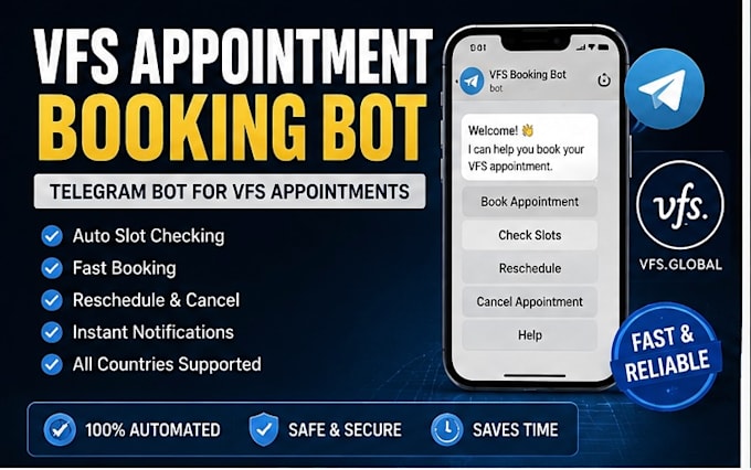 develop booking bot,vfs appointment bot, appointment bot,vfs bot, telegram bot