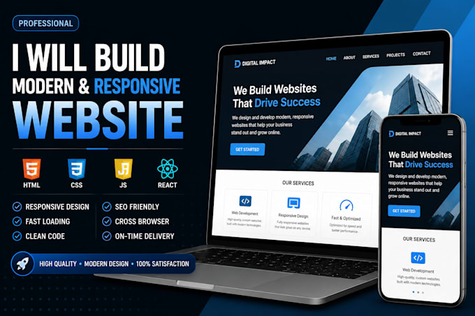 build a modern responsive website using HTML,CSS ,javascript,and react