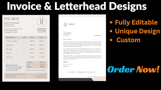 design professional invoices, receipt, custom letterhead with editable file