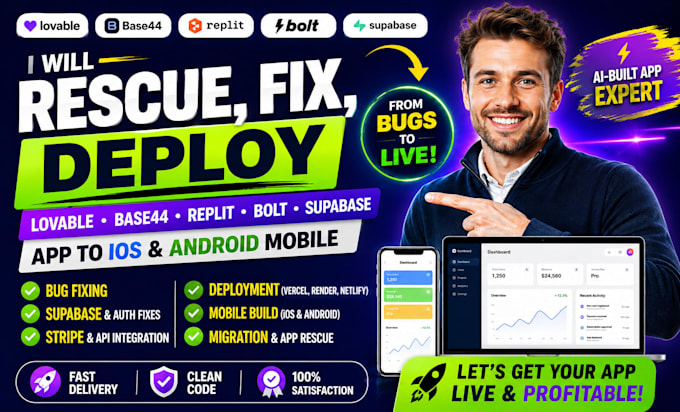 rescue fix deploy lovable base44 app replit bolt rork capacitor ios android app