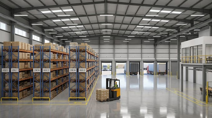 create 3d warehouse design, 3d factory modelling, warehouse 3d views and render