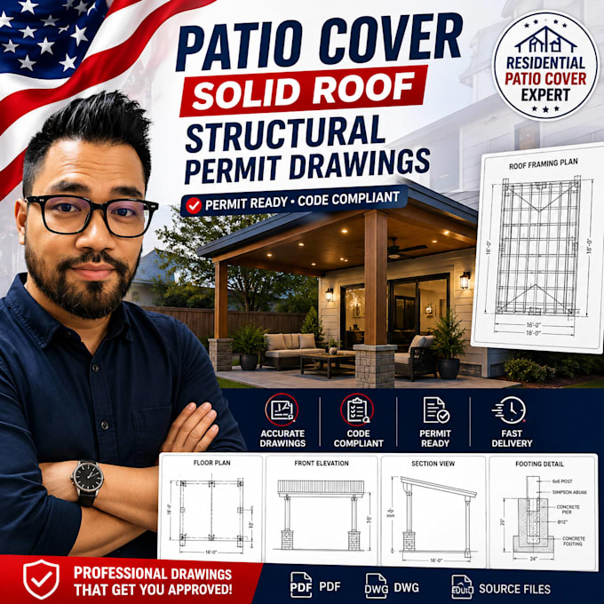 create patio cover solid roof structural permit drawings