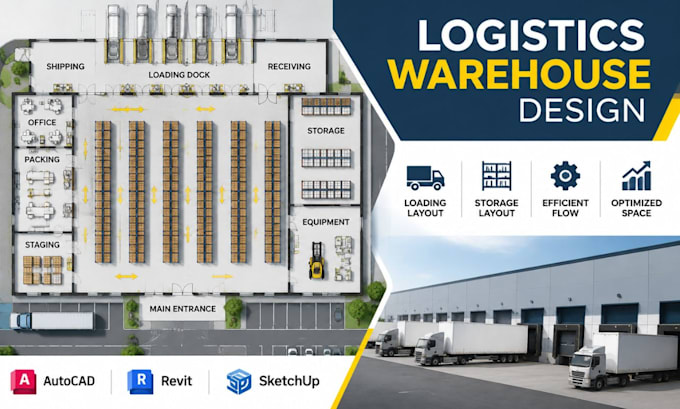 design logistics warehouse floor plan, loading layout and industrial cad